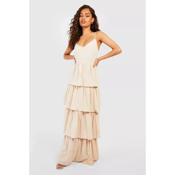 BOOHOO Dress Women 14 Beige V-neck Tiered Cotton Maxi Ruffle Layered Flounce NWT - Picture 2 of 9